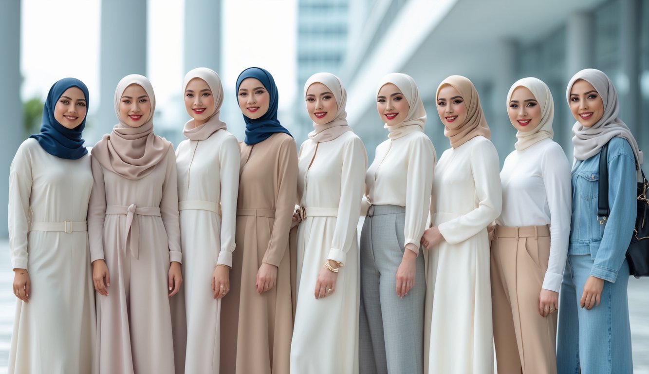 Sekelompok wanita mengenakan hijab dan pakaian sederhana namun modis sedang berdiri bersama di luar ruangan.