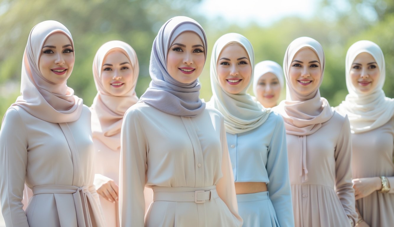 Sekelompok wanita mengenakan hijab dengan pakaian sederhana dan modis sedang berdiri di luar ruangan dengan latar belakang alami.