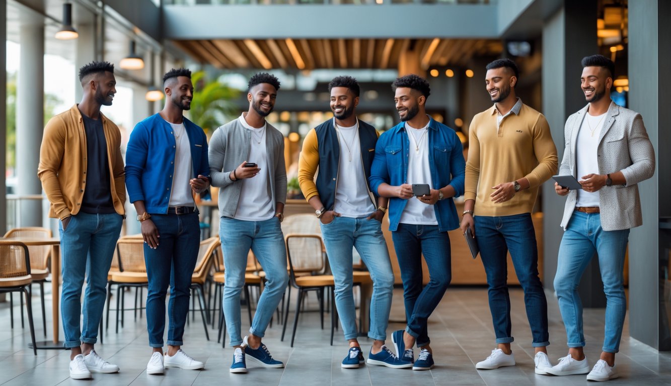 Sekelompok pria mengenakan pakaian kasual sedang berkumpul di lingkungan perkotaan yang modern, beberapa duduk dan beberapa berdiri dengan latar belakang kafe dan ruang kantor.