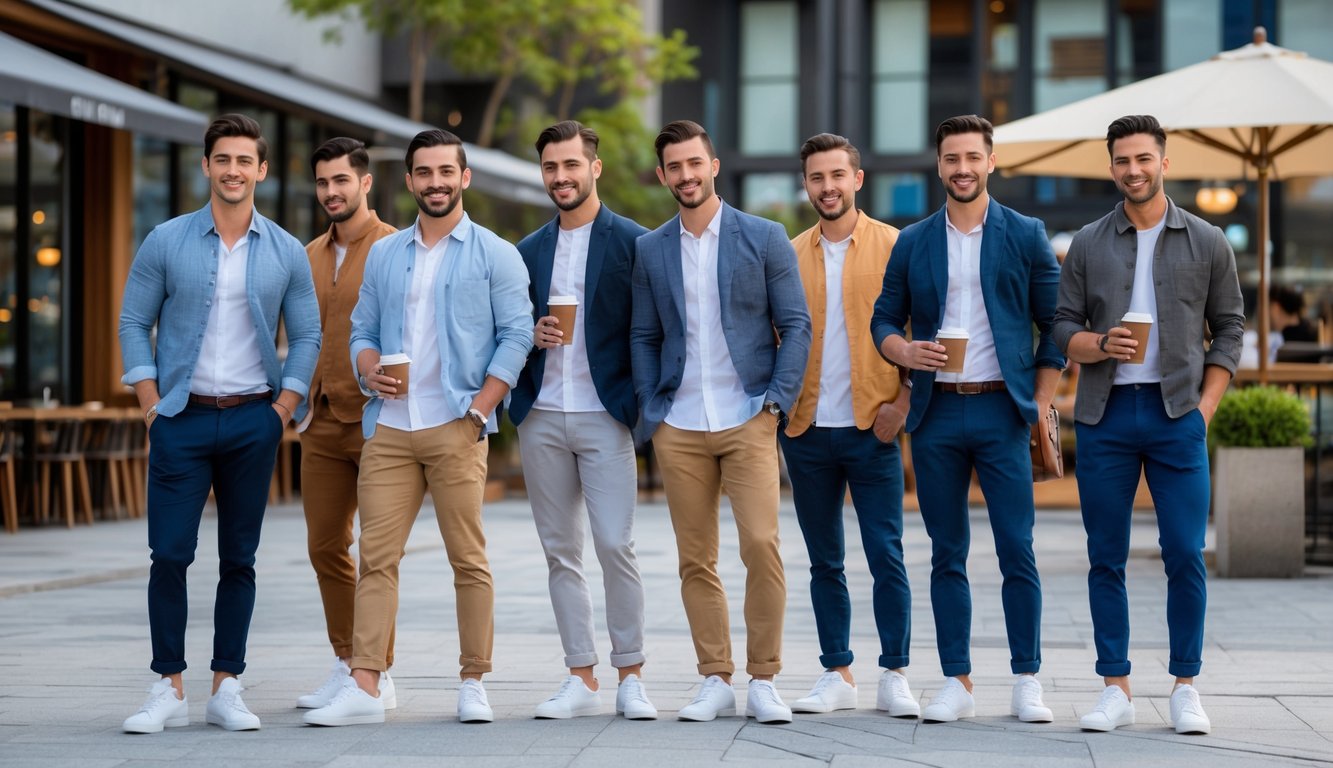 Sekelompok pria mengenakan pakaian kasual sedang berdiri di luar gedung modern dan kafe, beberapa memegang laptop dan cangkir kopi.