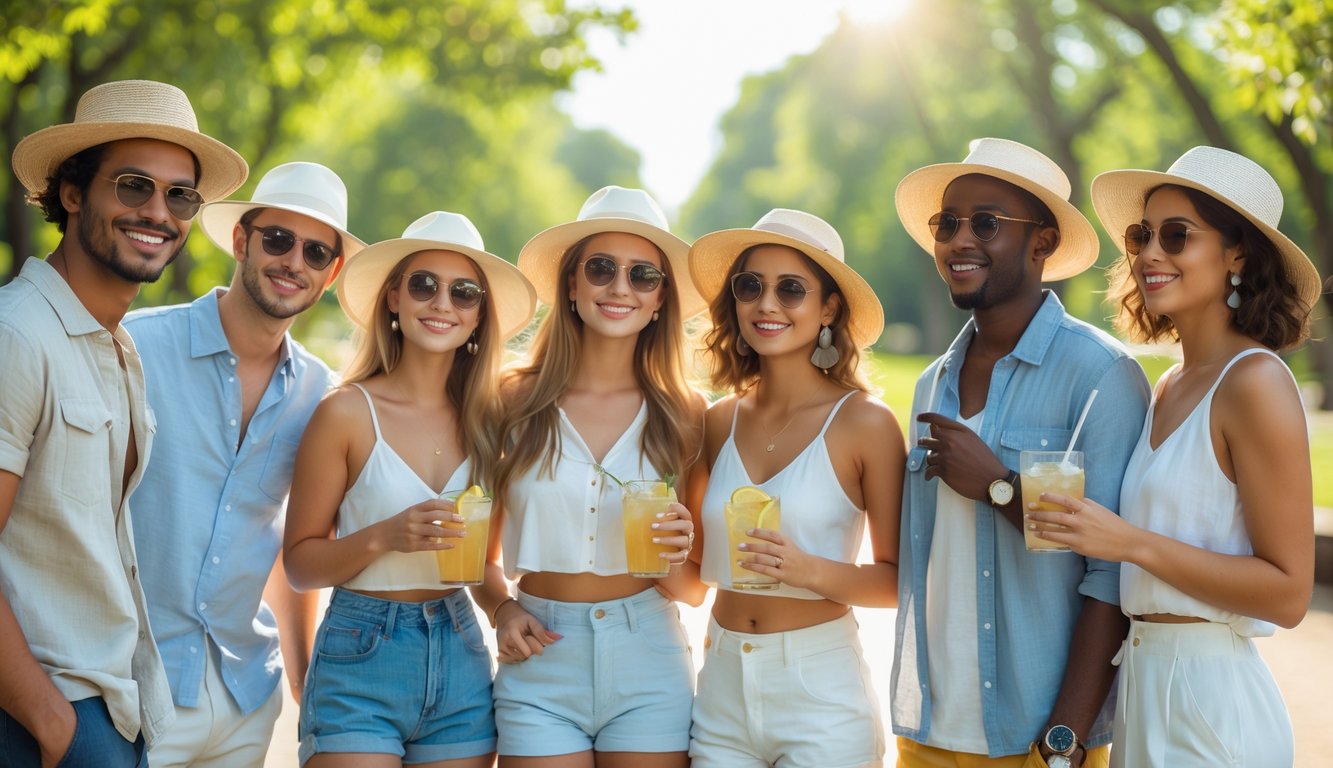 Sekelompok orang muda mengenakan pakaian musim panas yang nyaman dan stylish sedang menikmati hari cerah di taman dengan pepohonan hijau.
