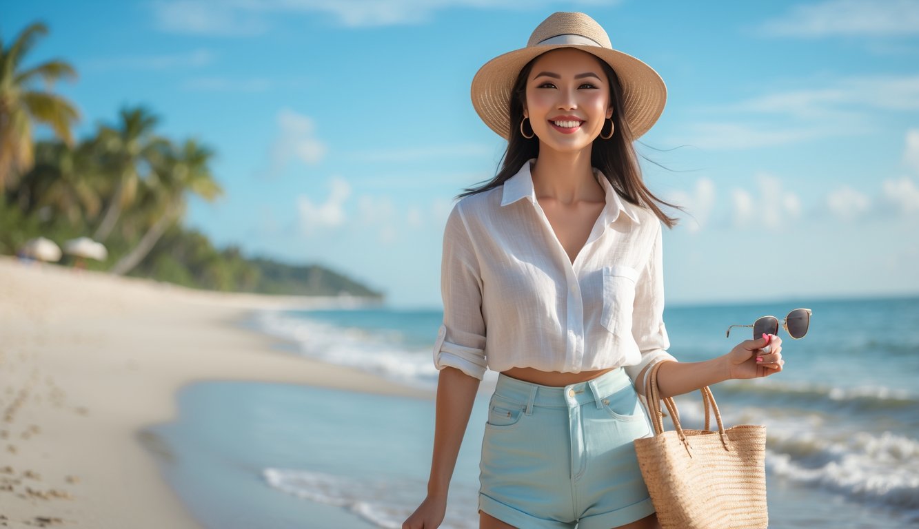 Seorang wanita muda berdiri di pantai dengan pakaian santai dan topi lebar, memegang kacamata hitam dan tas anyaman, di latar belakang pantai berpasir dan laut biru.
