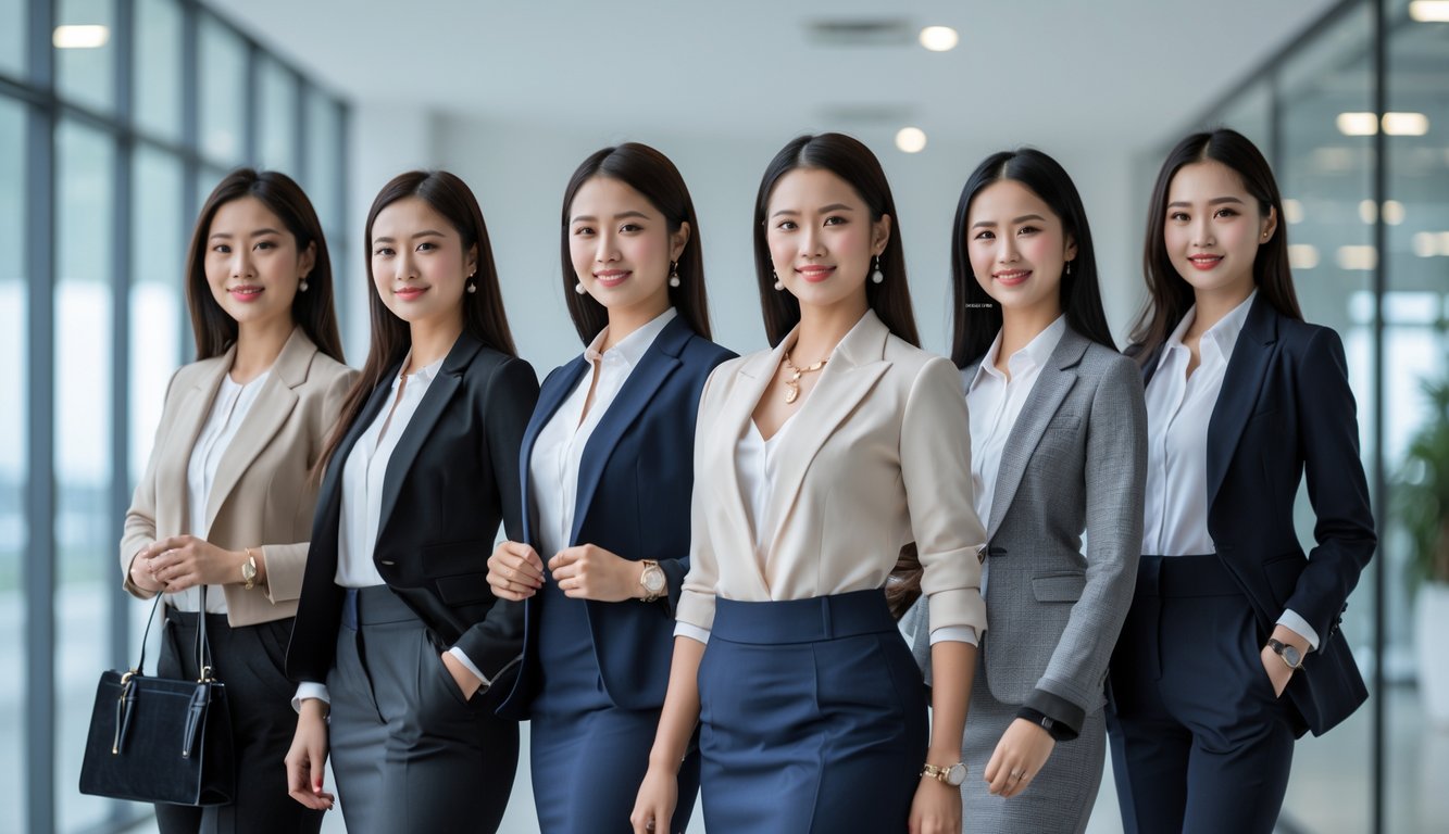 Sekelompok wanita mengenakan pakaian formal berdiri di kantor modern dengan pencahayaan alami.