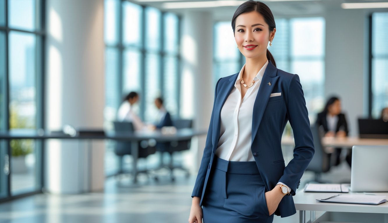 Seorang wanita berdiri di kantor modern mengenakan pakaian formal dengan latar belakang meja kerja dan jendela besar.