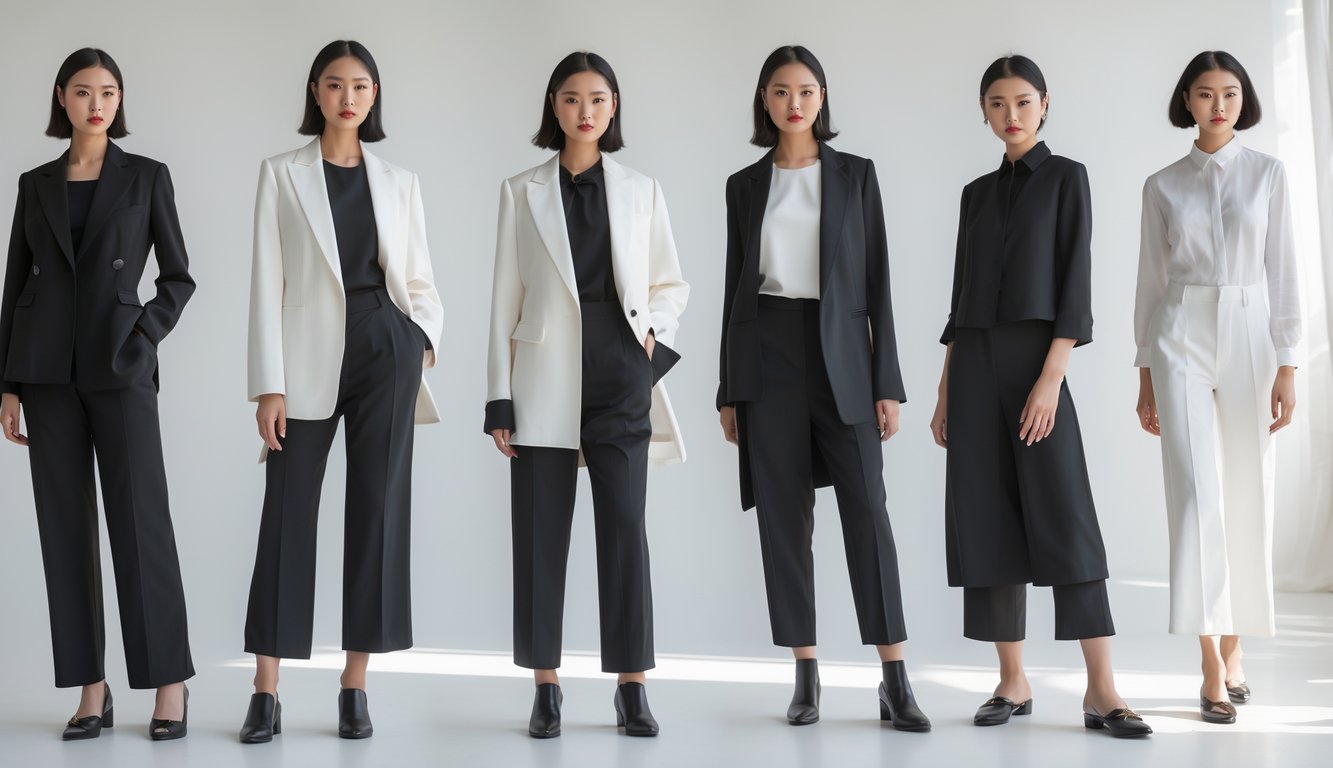 Beberapa orang mengenakan pakaian monokrom yang sederhana dan elegan dalam ruangan terang dengan latar belakang netral.