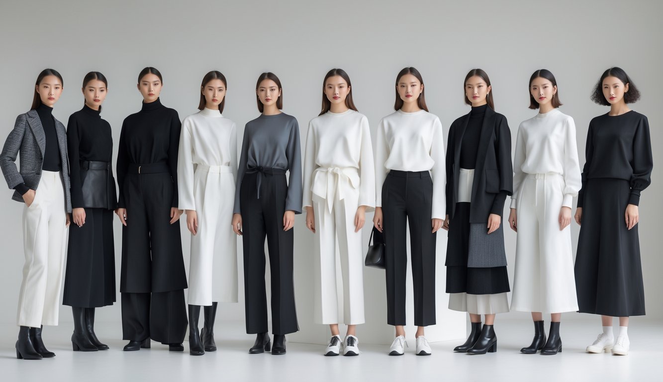 Beberapa model mengenakan pakaian monokrom sederhana dan elegan dalam latar studio minimalis.
