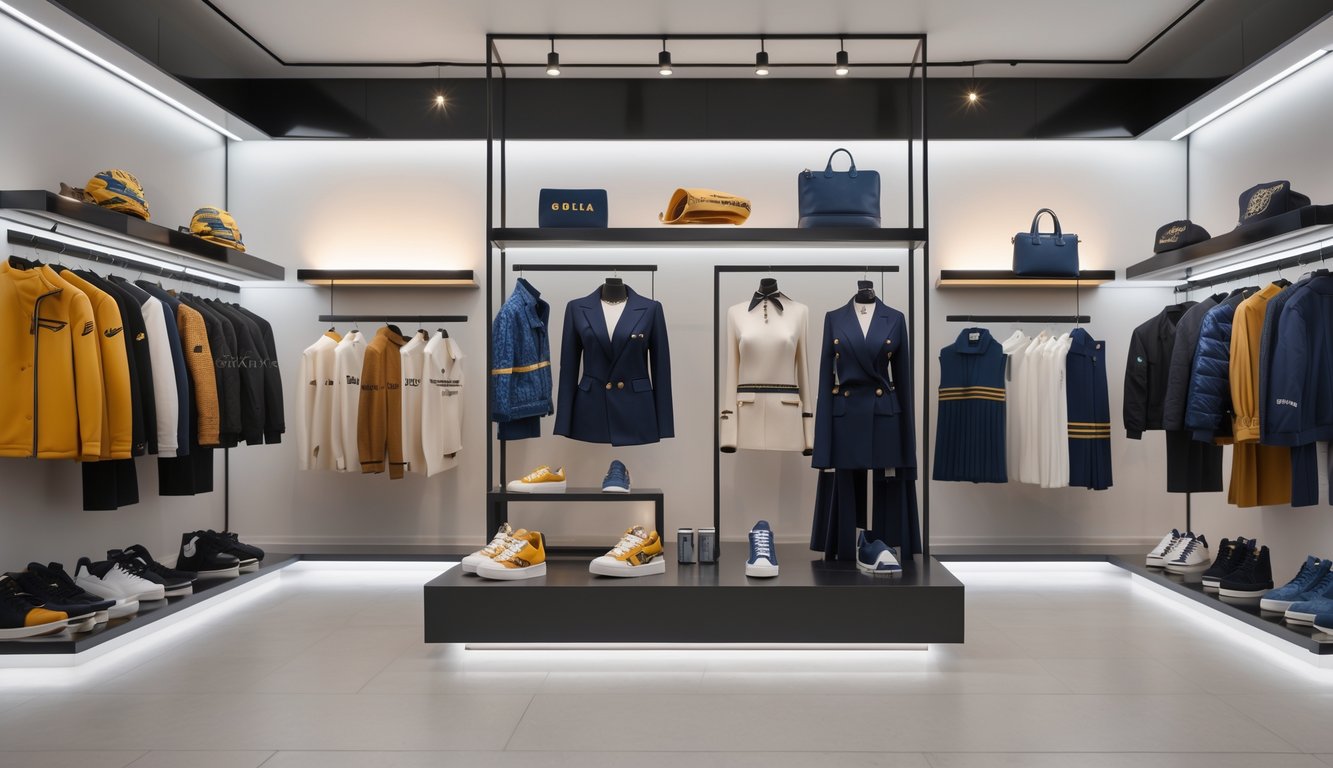 Berbagai jenis pakaian bermerek terkenal dunia dipajang di butik modern dengan pencahayaan alami, menampilkan jaket, gaun, sepatu, dan aksesori yang berbeda.