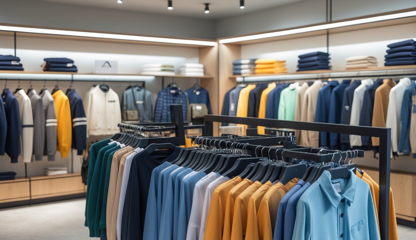 Interior toko pakaian dengan berbagai jenis baju bermerek yang tertata rapi di rak, menampilkan pilihan pakaian yang beragam dan berkualitas.