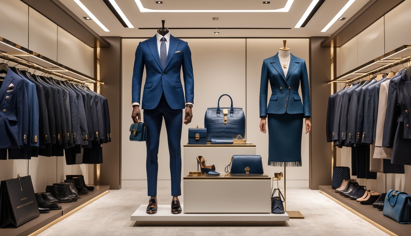 Beberapa pakaian mewah dan eksklusif dipajang di butik dengan pencahayaan yang terang.