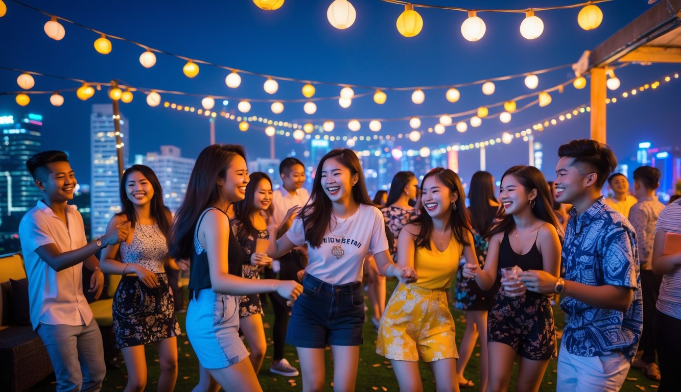 Sekelompok anak muda Indonesia sedang berpesta malam di atap gedung dengan lampu warna-warni dan latar kota di malam hari.