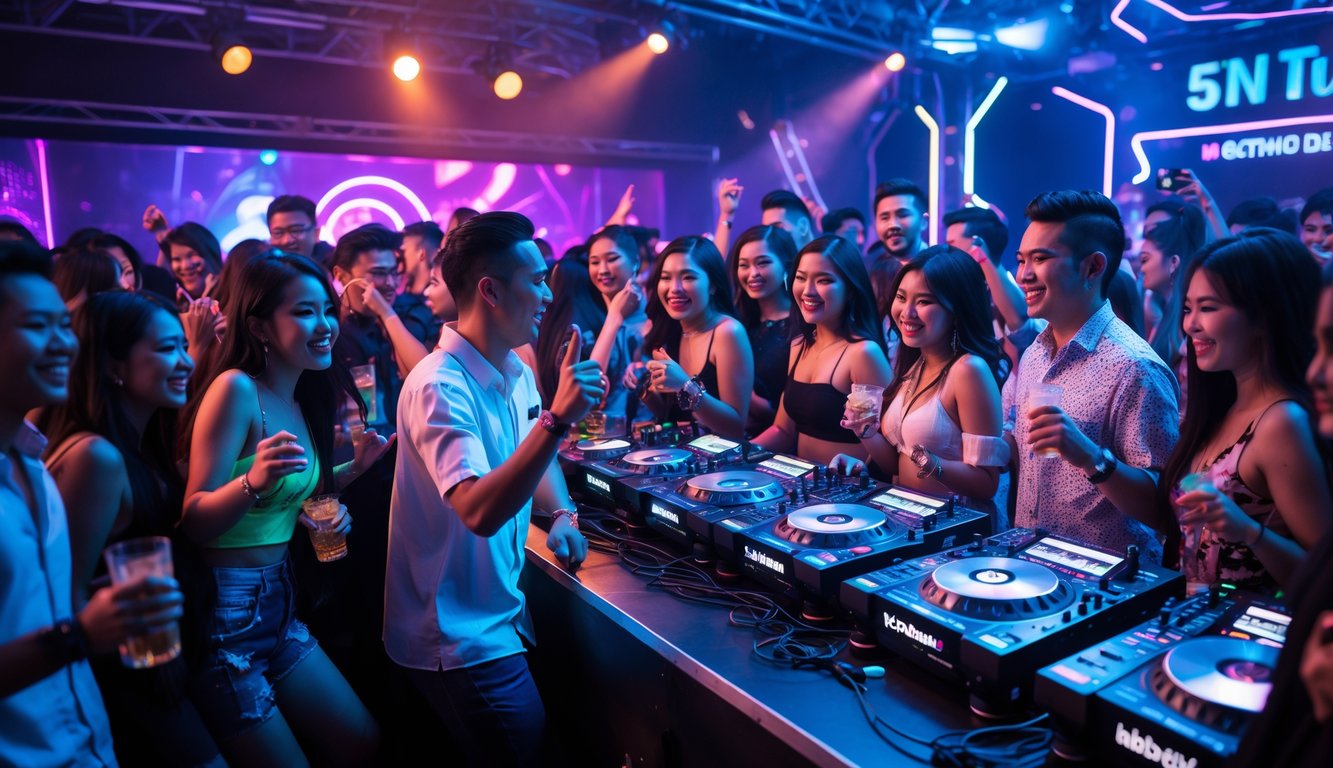 Kerumunan orang muda menari dan bersenang-senang di klub malam Indonesia dengan DJ sedang tampil dan lampu warna-warni yang cerah.