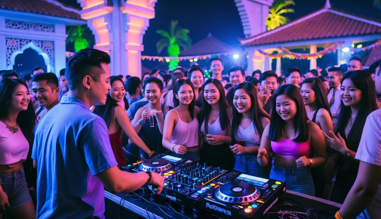 Kerumunan orang muda menikmati pesta malam dengan DJ yang sedang tampil di panggung di luar ruangan di Indonesia.
