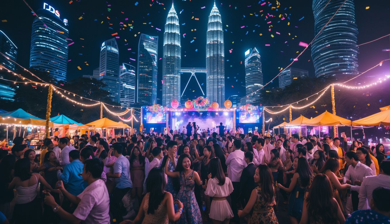 Suasana pesta malam yang meriah di kota besar Indonesia dengan banyak orang menari dan bersenang-senang di bawah lampu warna-warni dan gedung pencakar langit yang terang.