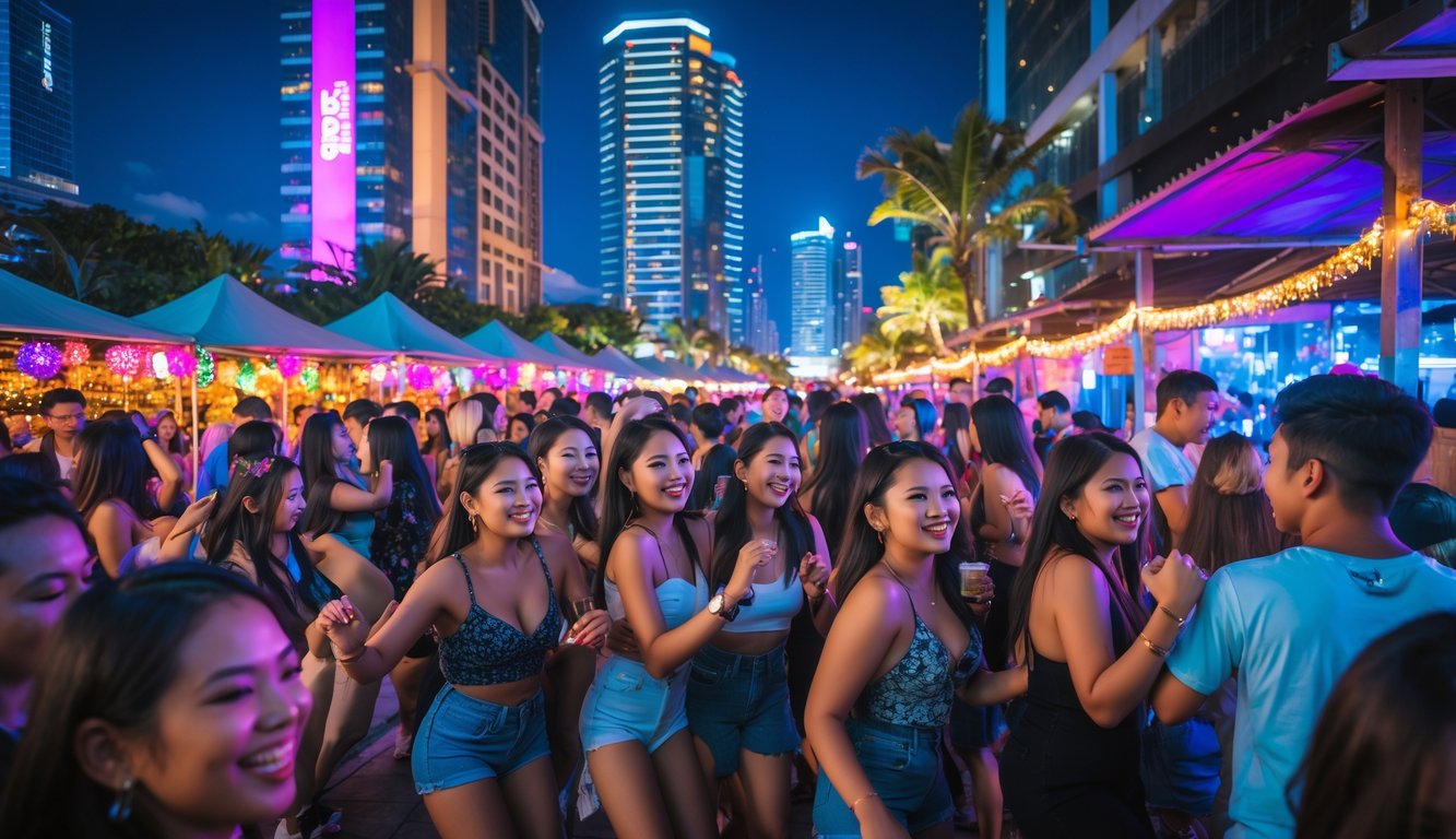 Suasana pesta malam yang meriah di kota besar Indonesia dengan orang-orang menikmati musik dan menari di luar ruangan.