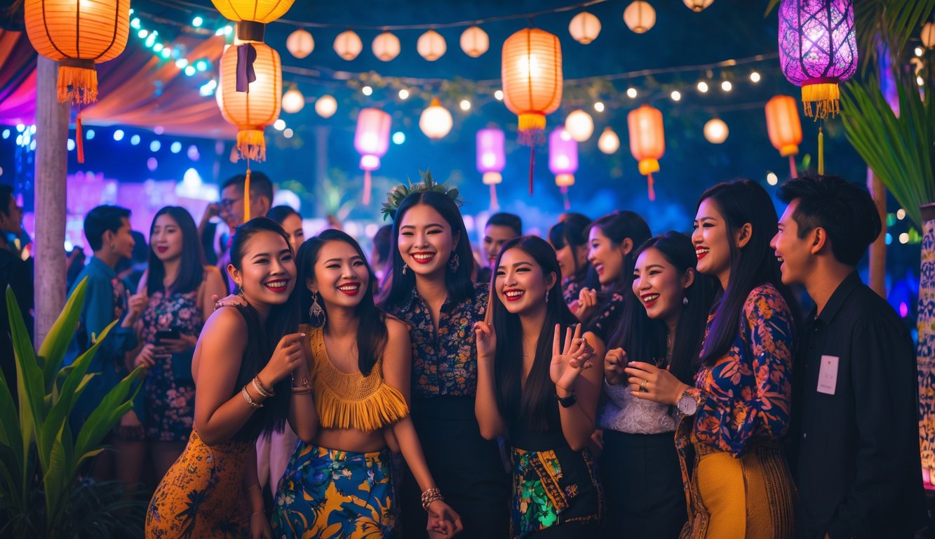Pesta malam di luar ruangan dengan dekorasi warna-warni dan orang-orang yang tersenyum menikmati suasana meriah.