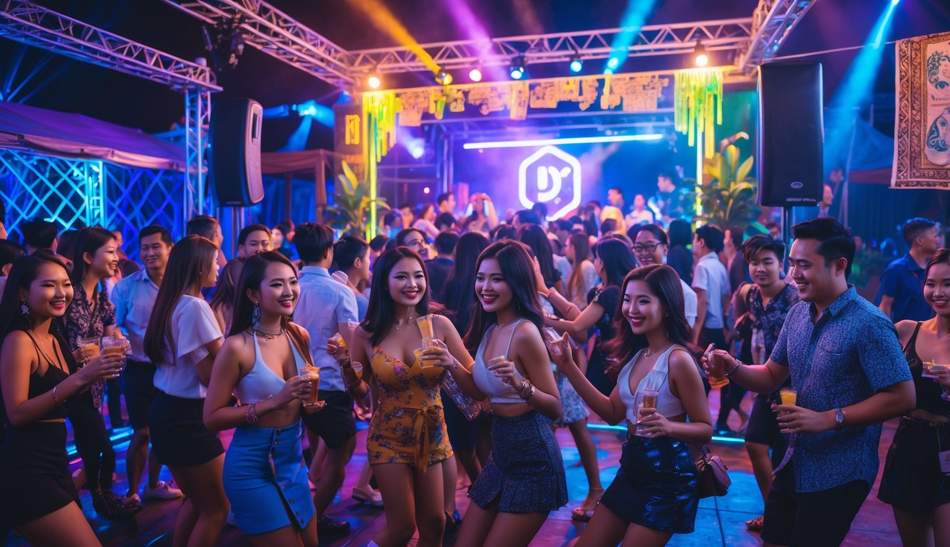 Kerumunan orang muda sedang menari dan bersenang-senang di pesta malam dengan lampu warna-warni dan dekorasi modern di Indonesia.