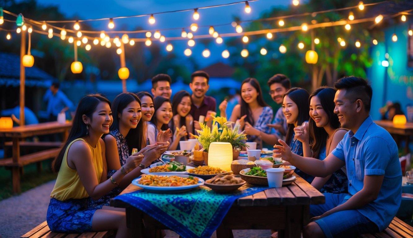 Sekelompok orang muda sedang menikmati pesta malam di luar ruangan dengan lampu warna-warni dan makanan sederhana di atas meja.
