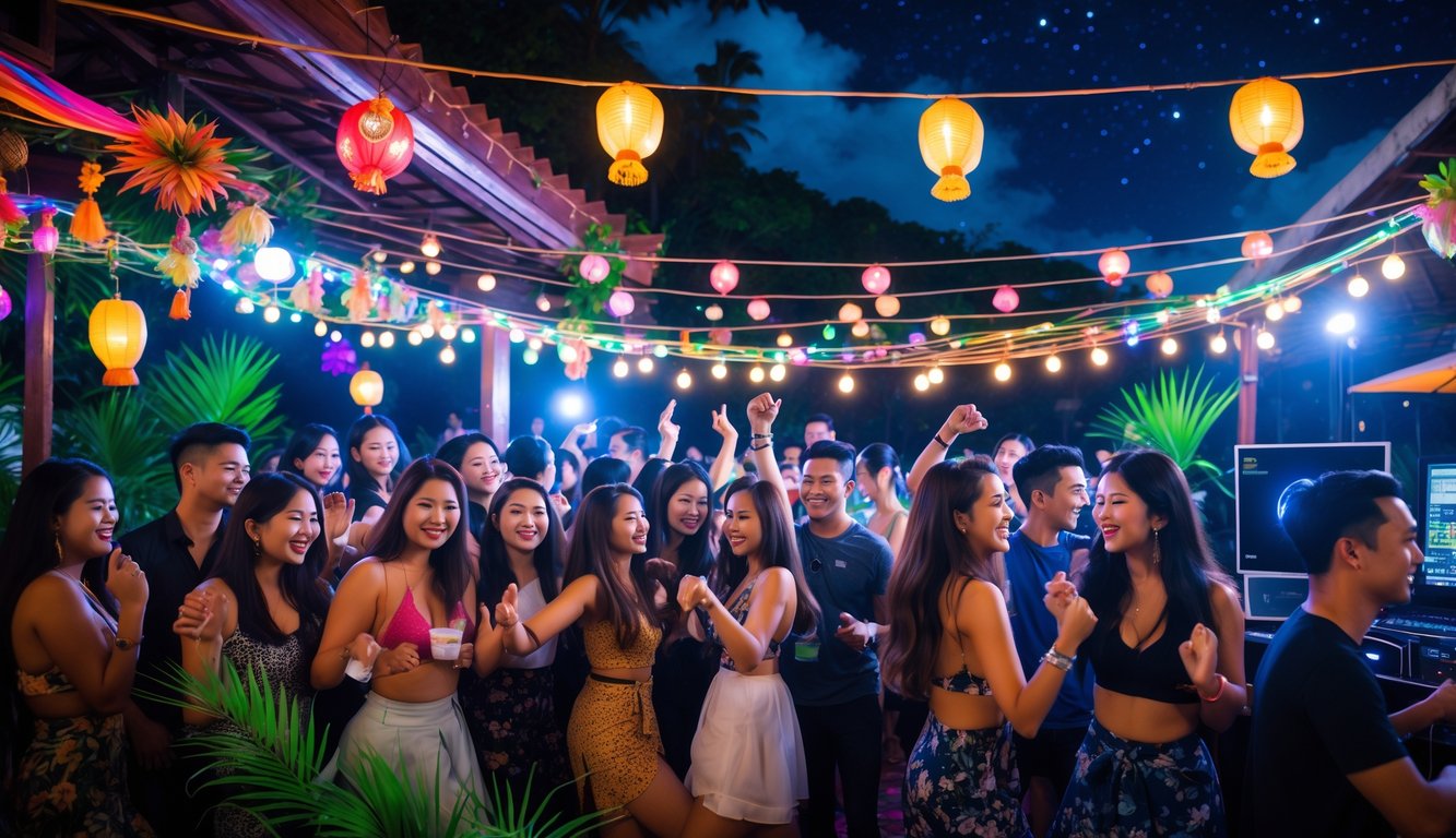 Sekelompok orang muda sedang berpesta malam di luar ruangan dengan lampu warna-warni dan dekorasi tradisional Indonesia.