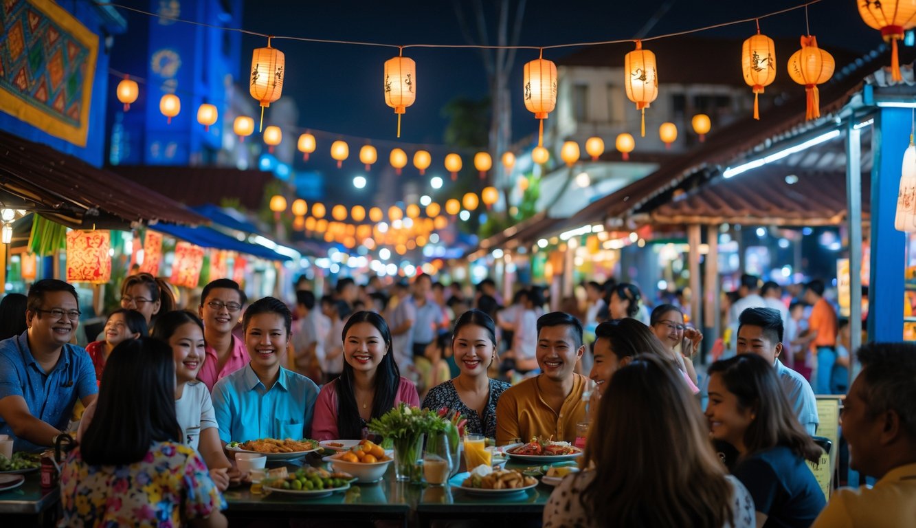 Suasana malam yang ramai dengan wisatawan dan penduduk menikmati hiburan malam Indonesia, termasuk pertunjukan tari tradisional dan pasar malam.