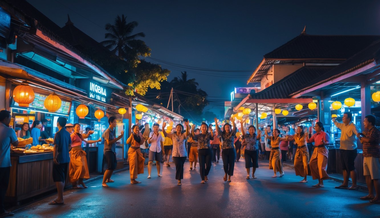 Orang-orang menikmati hiburan malam di jalanan Indonesia dengan makanan jalanan, pertunjukan budaya, dan bar yang ramai.