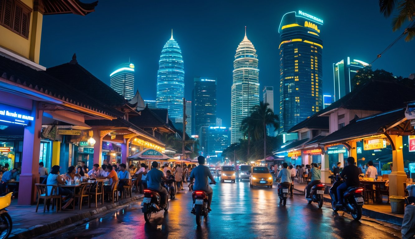 Suasana malam yang ramai di jalan kota besar Indonesia dengan orang-orang menikmati hiburan dan makan di luar ruangan, lampu warna-warni, dan gedung-gedung tinggi.