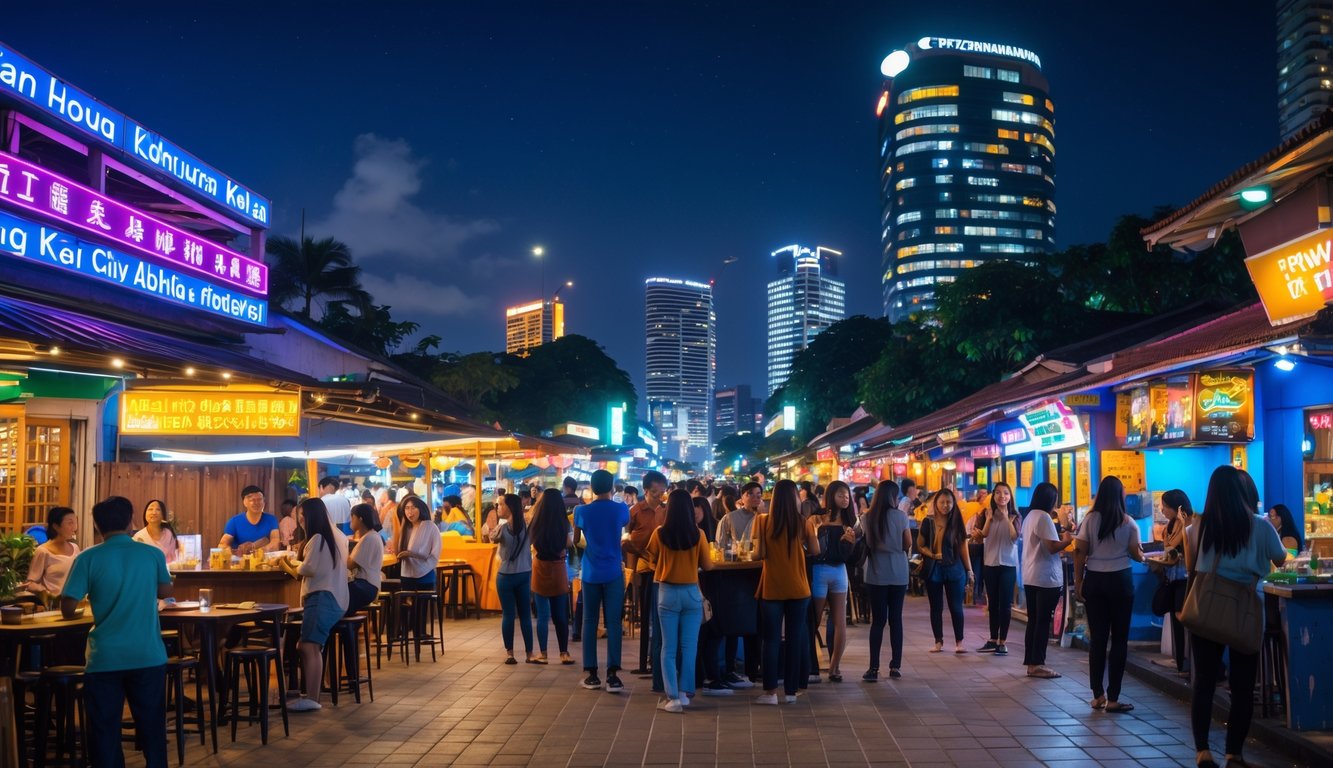 Pemandangan malam kota besar di Indonesia dengan jalanan ramai, lampu warna-warni, kafe luar ruangan, penjual makanan jalanan, dan orang-orang menikmati hiburan malam.