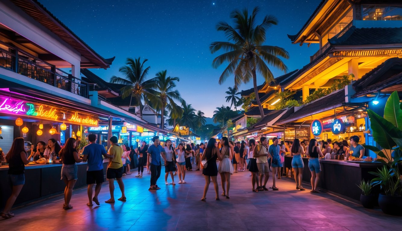 Pemandangan malam yang ramai di area hiburan malam populer di Indonesia dengan lampu neon warna-warni, orang-orang bersosialisasi dan menikmati suasana.
