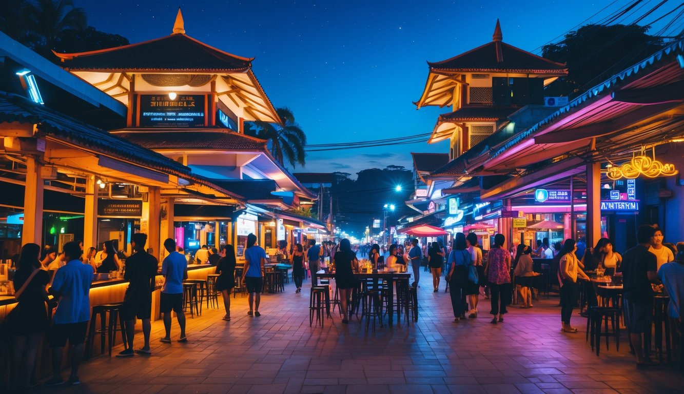 Suasana malam yang ramai di kawasan hiburan malam Indonesia dengan bar, klub malam, dan penjual makanan jalanan yang diterangi lampu neon berwarna-warni, serta orang-orang yang menikmati waktu mereka di luar ruangan.