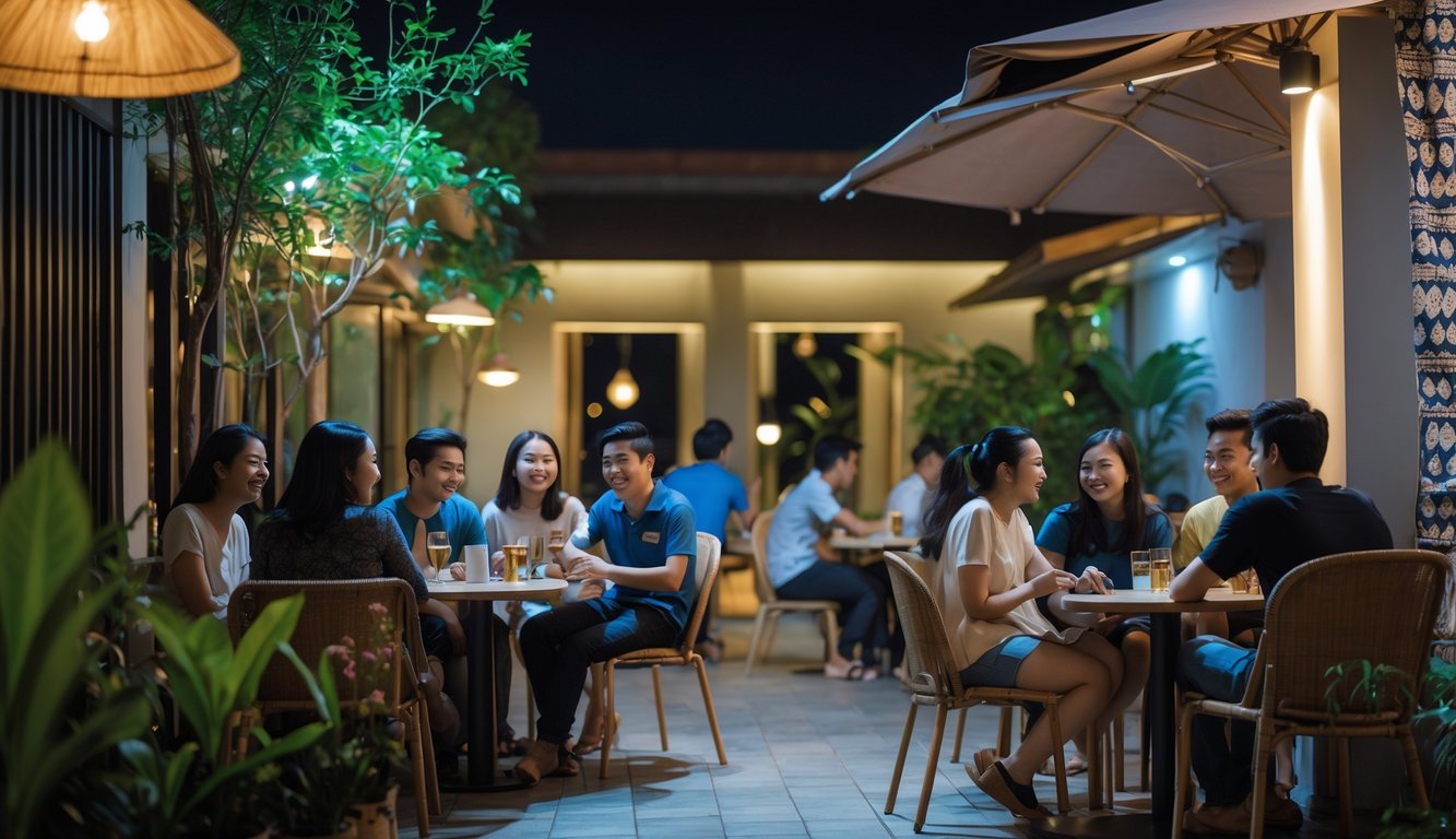 Orang-orang menikmati hiburan malam di sebuah kafe outdoor yang nyaman dan aman di Indonesia.