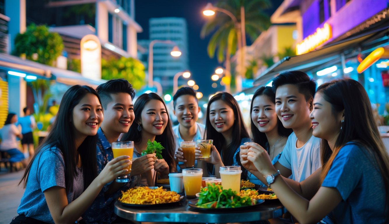 Sekelompok orang muda sedang menikmati suasana malam yang aman dan nyaman di sebuah kafe luar ruangan di Indonesia dengan lampu warna-warni dan latar belakang kota yang bersih.