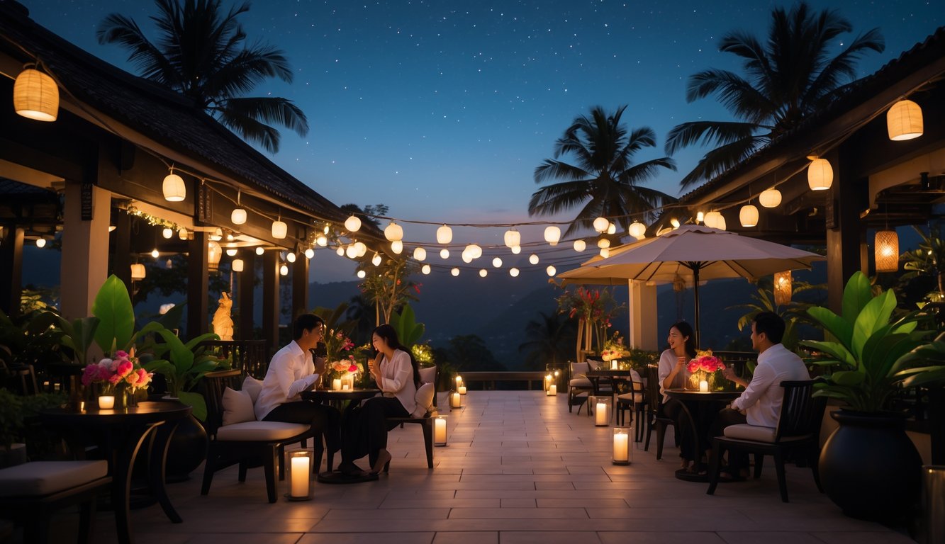 Tempat hiburan malam di Indonesia dengan suasana romantis dan santai, menampilkan pasangan di area duduk luar ruangan dengan lampu hangat dan dekorasi bunga tropis.