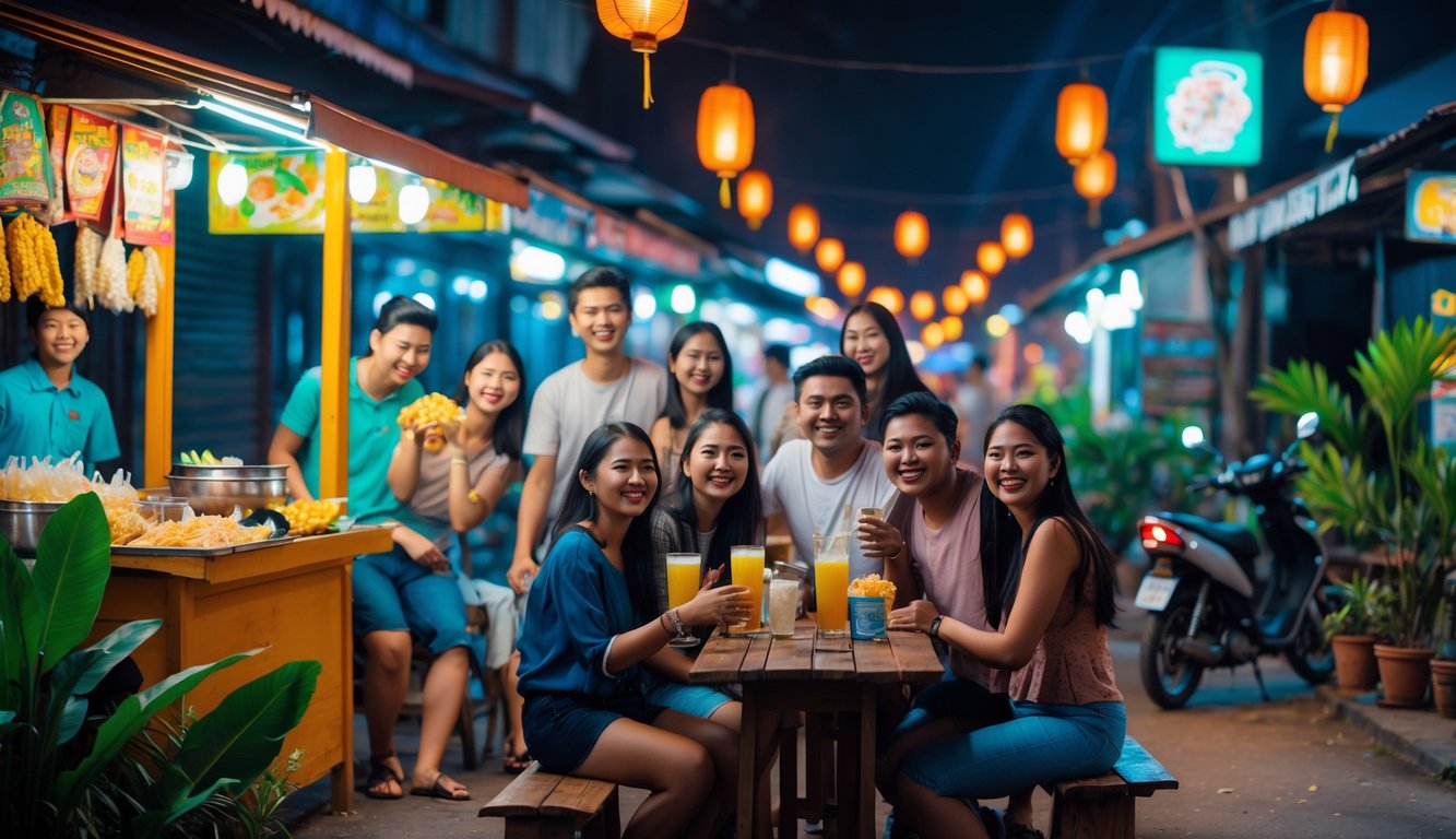 Kelompok orang muda menikmati suasana malam di jalanan Indonesia dengan stan makanan dan lampu warna-warni.