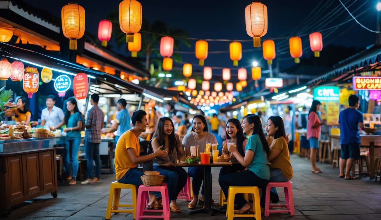 Suasana malam di pasar malam Indonesia dengan orang-orang menikmati makanan dan hiburan di luar ruangan.