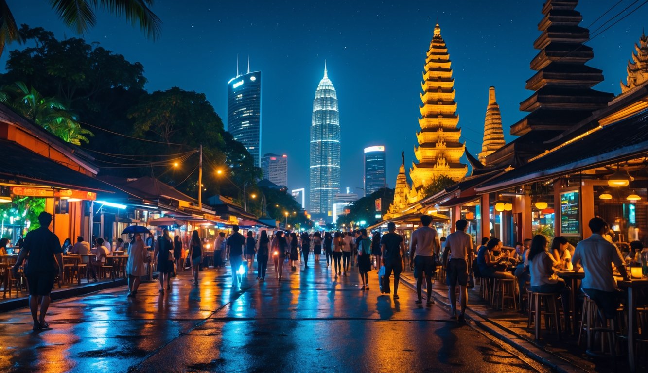 Suasana malam yang hidup di jalan perkotaan Indonesia dengan lampu neon berwarna-warni, orang-orang yang menikmati hiburan dan arsitektur modern serta tradisional yang khas.