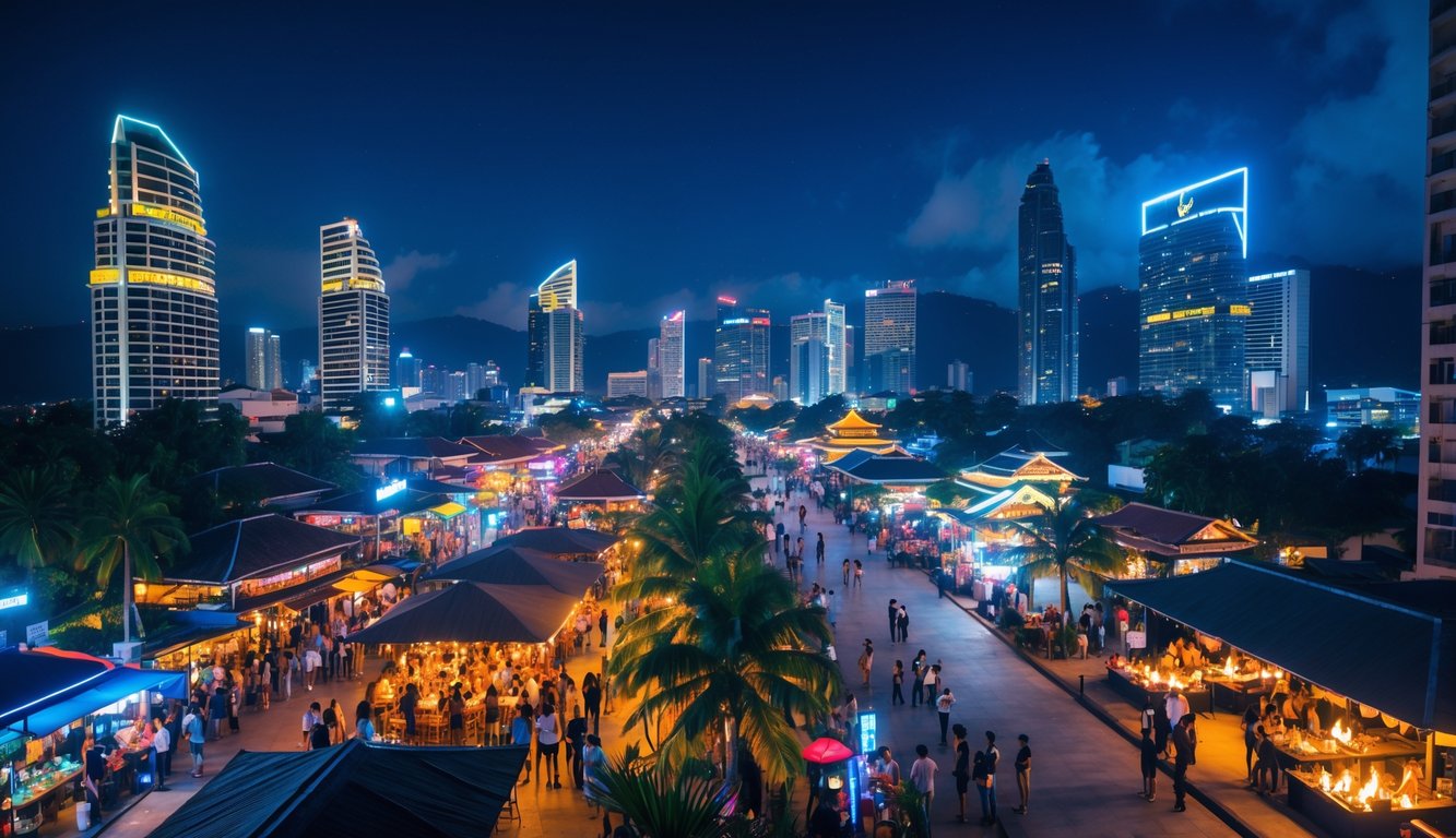 Pemandangan malam yang ramai dengan orang-orang menikmati hiburan di jalanan kota dan pantai di Indonesia, dari Jakarta hingga Bali.