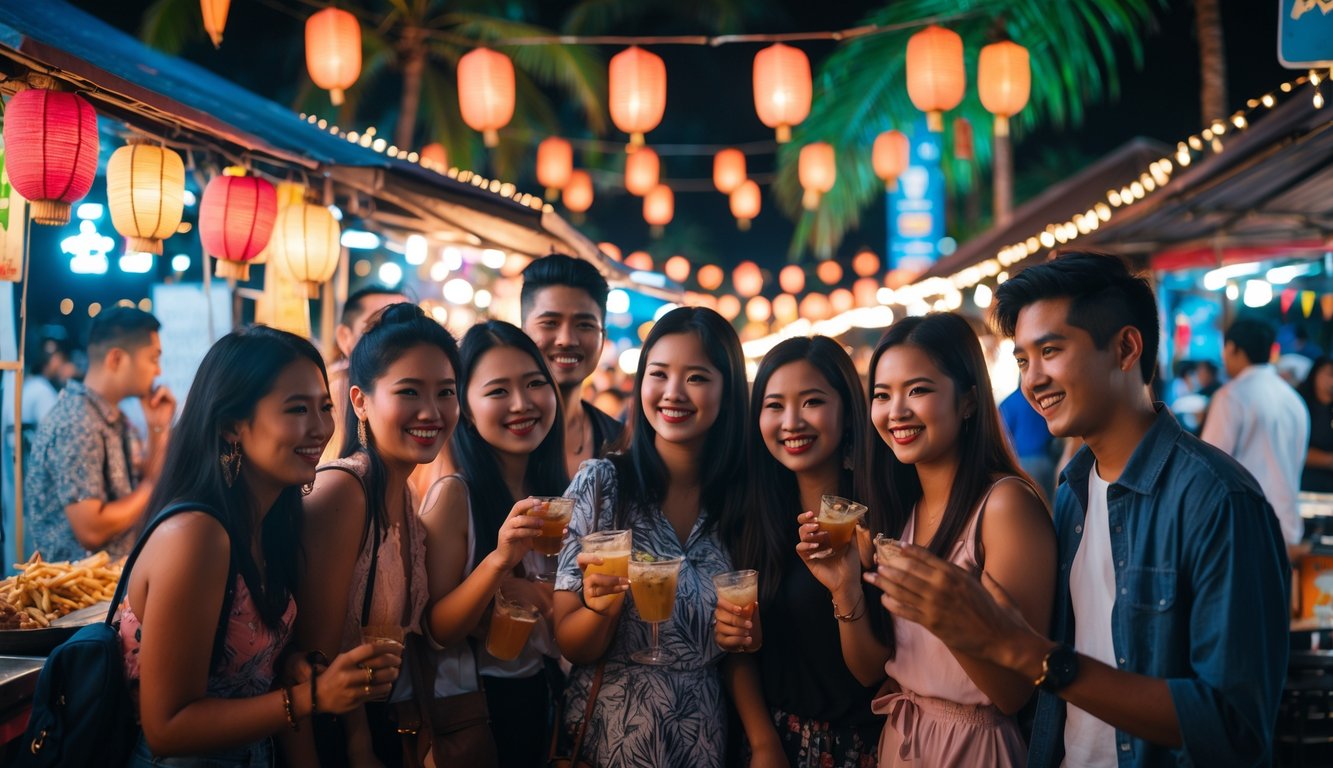 Sekelompok teman menikmati suasana hiburan malam di pasar malam Indonesia dengan lampu warna-warni dan kios makanan tradisional.