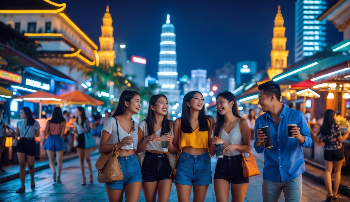 Sekelompok teman sedang bersenang-senang di jalan kota Indonesia yang ramai dengan lampu warna-warni dan aktivitas malam.