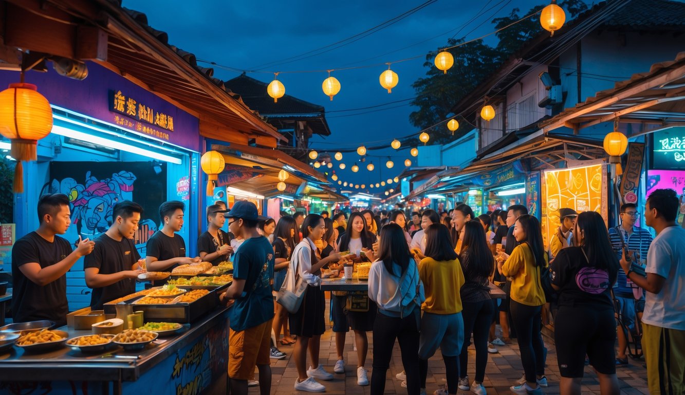 Suasana hiburan malam di Indonesia dengan pasar malam, lampu neon warna-warni, orang-orang menikmati makanan dan musik, serta dekorasi tradisional dan modern.