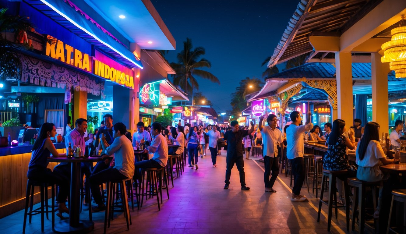 Suasana malam yang ramai di kawasan hiburan malam Indonesia dengan orang-orang menikmati musik, minuman, dan suasana meriah.