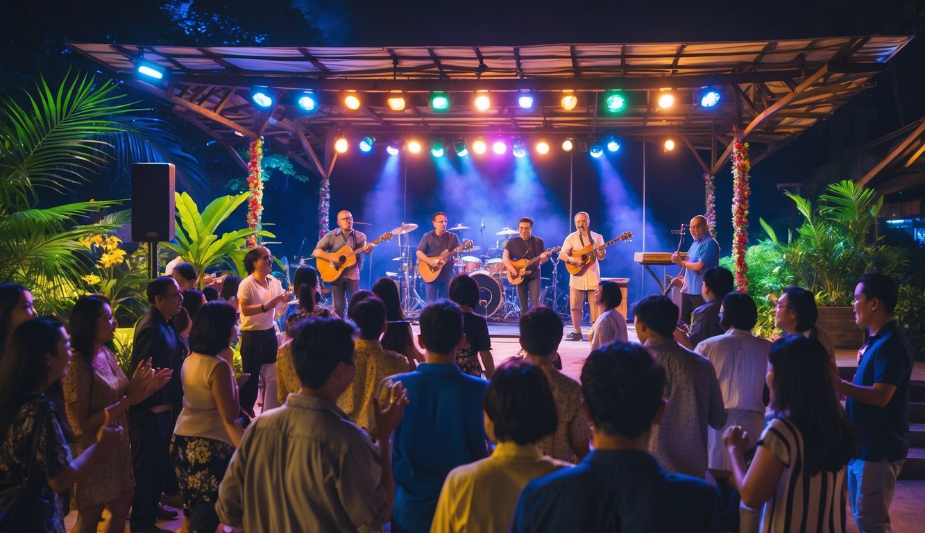 Kerumunan orang menikmati pertunjukan musik live di malam hari di sebuah tempat hiburan di Indonesia.