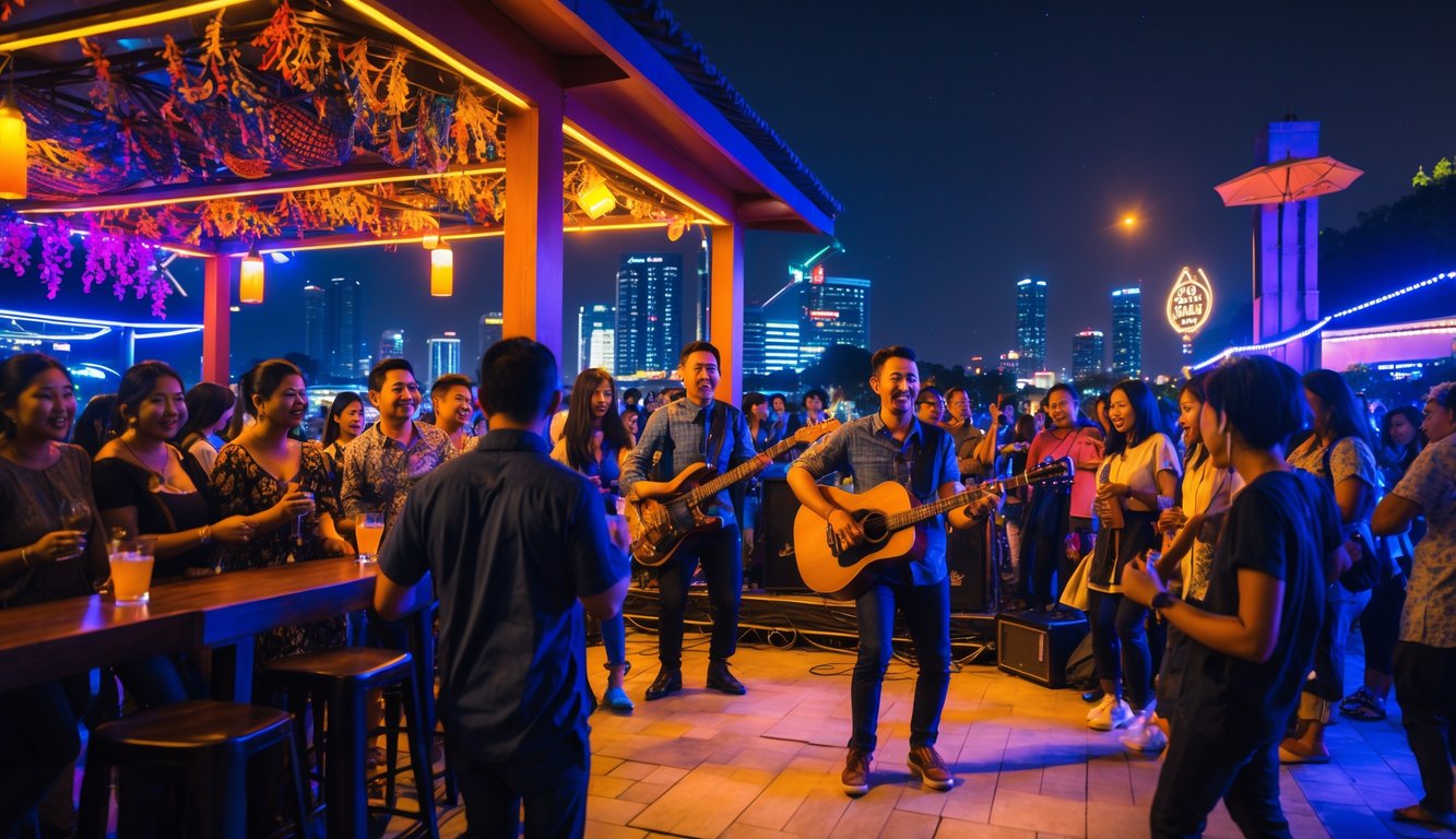 Suasana malam di tempat hiburan dengan pertunjukan musik live dan orang-orang yang menikmati malam sambil bersosialisasi.