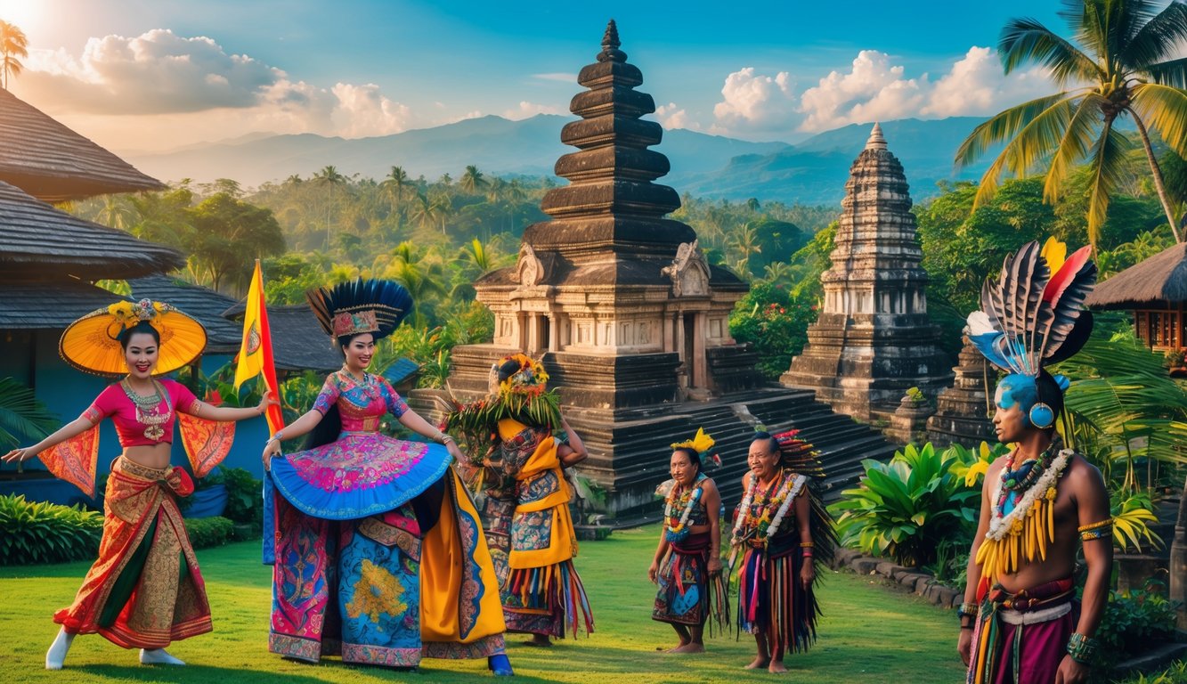 Berbagai orang dari daerah Indonesia mengenakan pakaian tradisional khas dan latar belakang pemandangan alam tropis yang beragam.