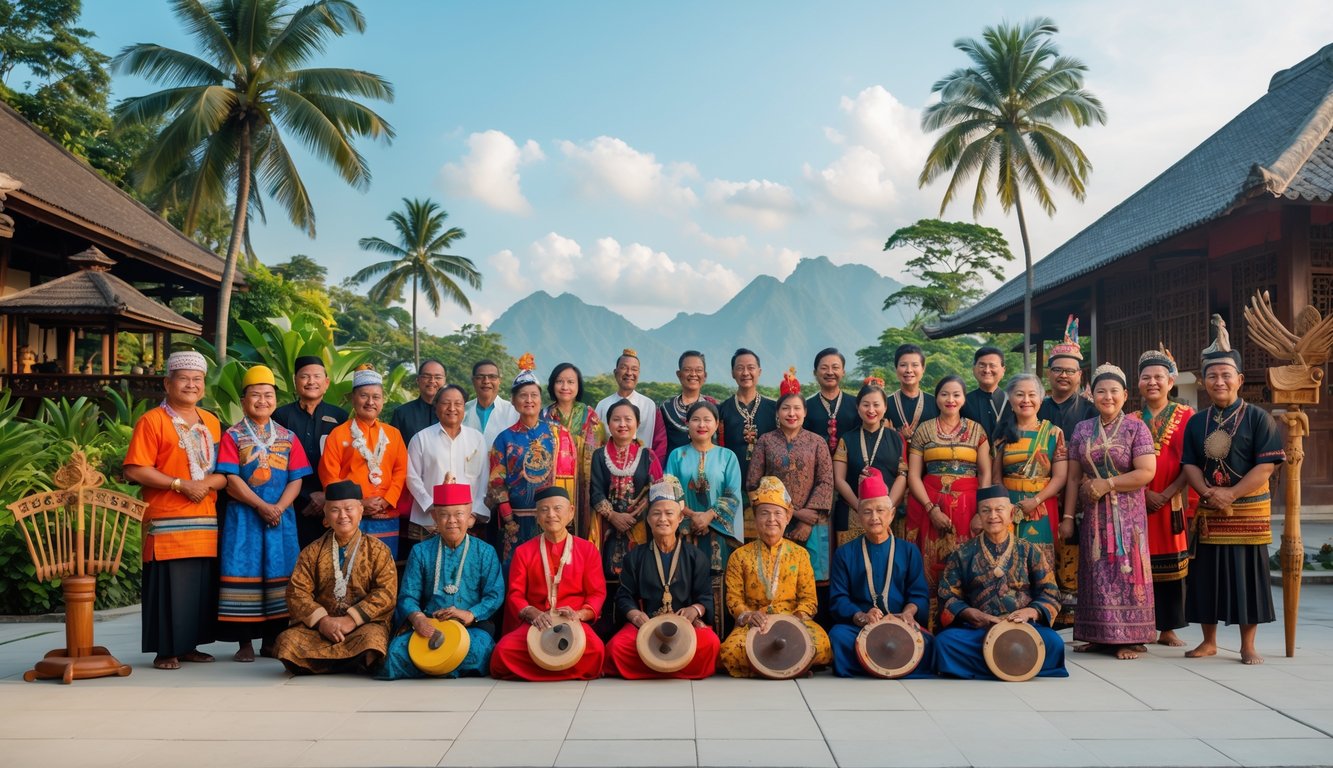Sekelompok orang Indonesia mengenakan pakaian adat dari berbagai suku bangsa berdiri bersama di luar ruangan dengan latar pemandangan alam tropis dan rumah tradisional.