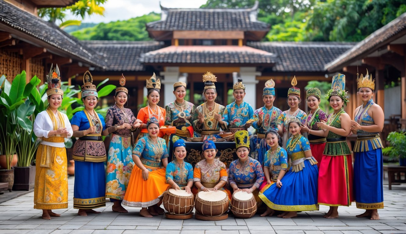 Sekelompok orang Indonesia mengenakan pakaian tradisional dari berbagai daerah sedang melakukan aktivitas budaya di luar ruangan dengan latar belakang alam dan bangunan tradisional.