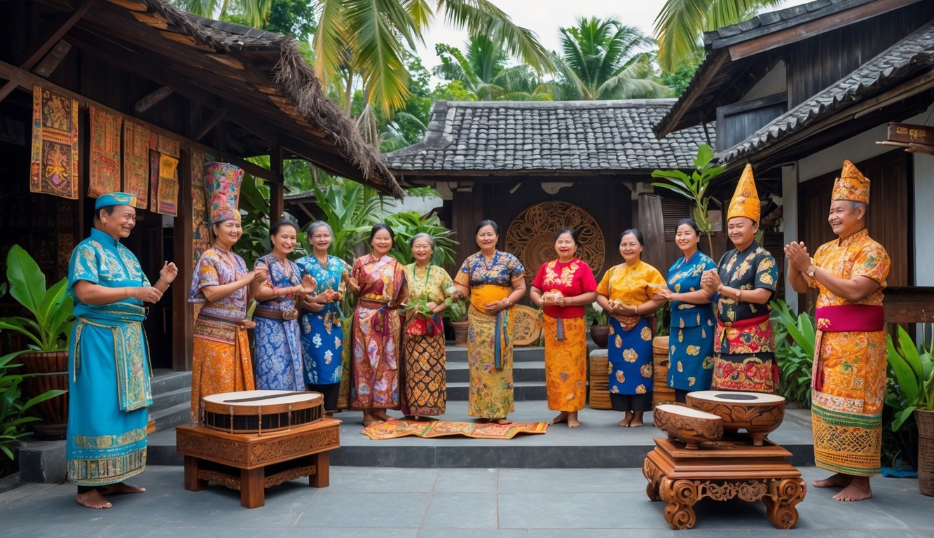 Sekelompok orang mengenakan pakaian tradisional Indonesia dari berbagai daerah sedang melakukan tarian dan memainkan alat musik tradisional di latar belakang rumah adat dan pemandangan tropis.