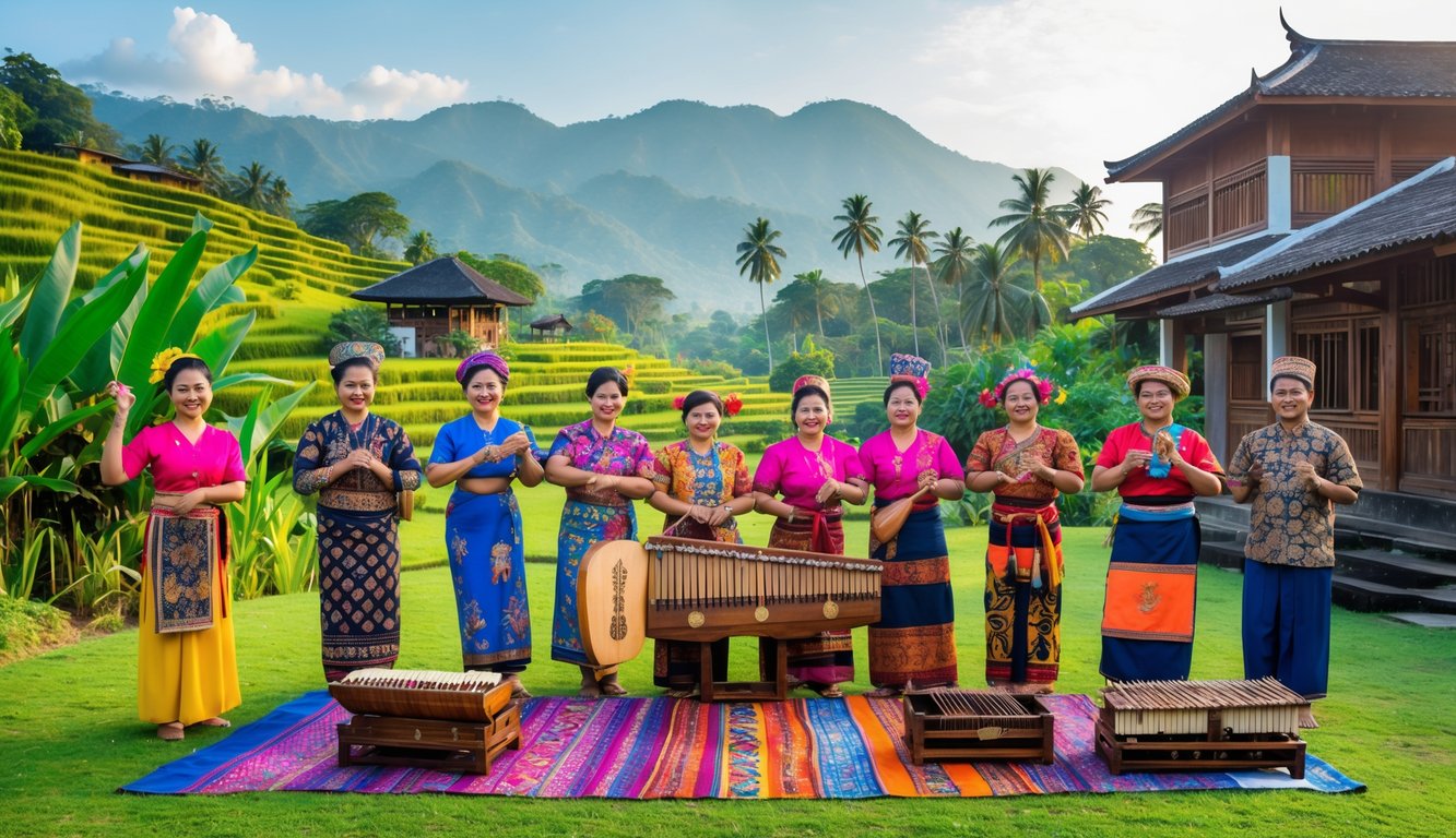 Sekelompok orang Indonesia mengenakan pakaian adat dari berbagai daerah sedang melakukan aktivitas budaya tradisional di latar pemandangan alam dan rumah tradisional.