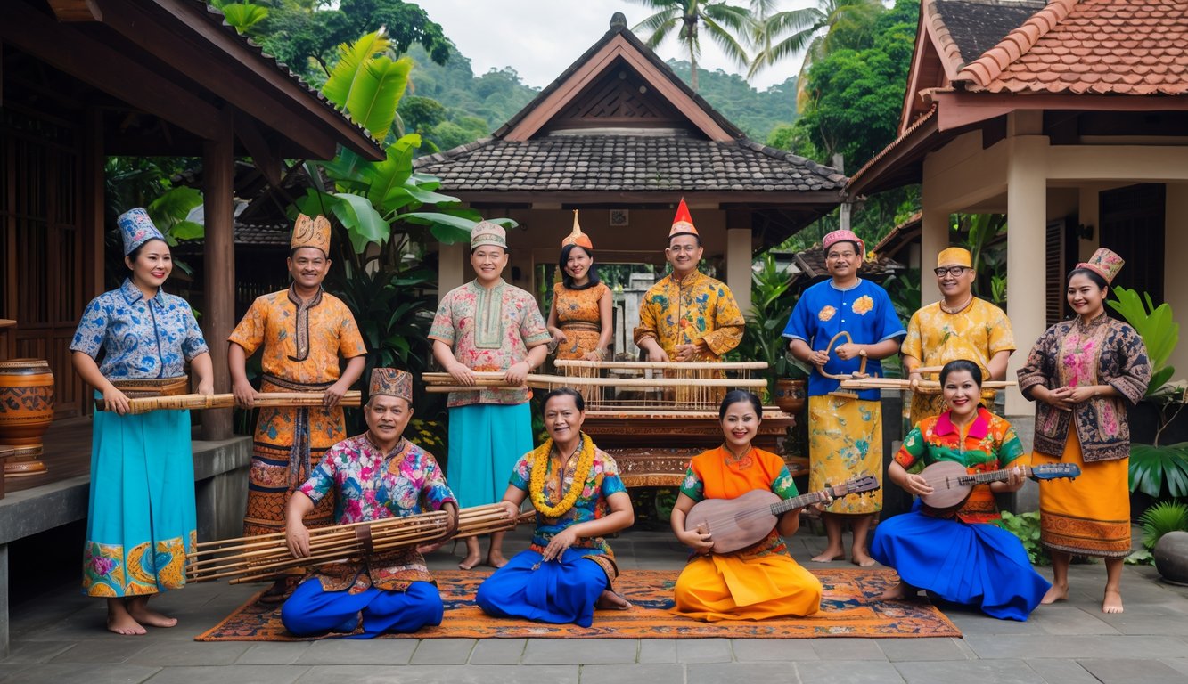 Sekelompok orang Indonesia mengenakan pakaian tradisional dari berbagai daerah sedang melakukan aktivitas budaya di luar ruangan dengan latar belakang rumah adat dan pepohonan.