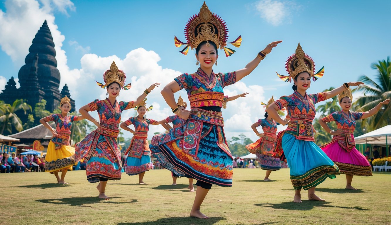Sekelompok penari tradisional Indonesia mengenakan kostum warna-warni sedang menari di luar ruangan dengan latar belakang candi Borobudur dan pemandangan tropis.