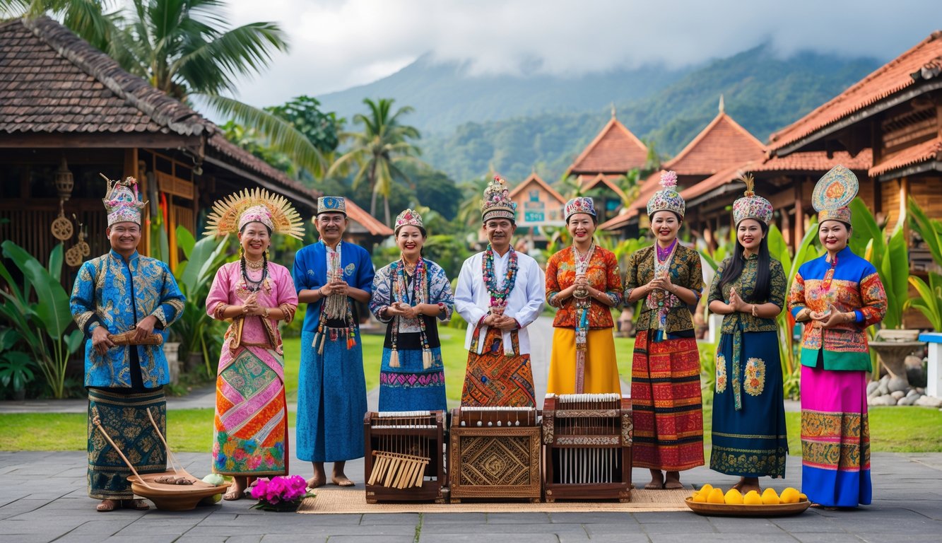 Sekelompok orang Indonesia mengenakan pakaian tradisional dari berbagai daerah sedang melakukan aktivitas budaya seperti menari dan memainkan alat musik tradisional dengan latar belakang rumah adat dan pemandangan tropis.