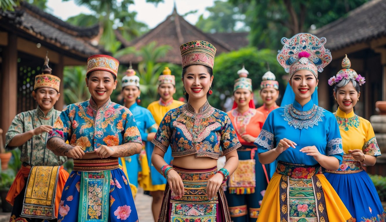 Sekelompok orang Indonesia mengenakan pakaian adat dari berbagai daerah sedang beraktivitas budaya di luar ruangan dengan latar belakang alam dan bangunan tradisional.